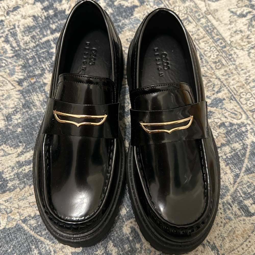 Brand New Black Patent Loafers with Gold Accent